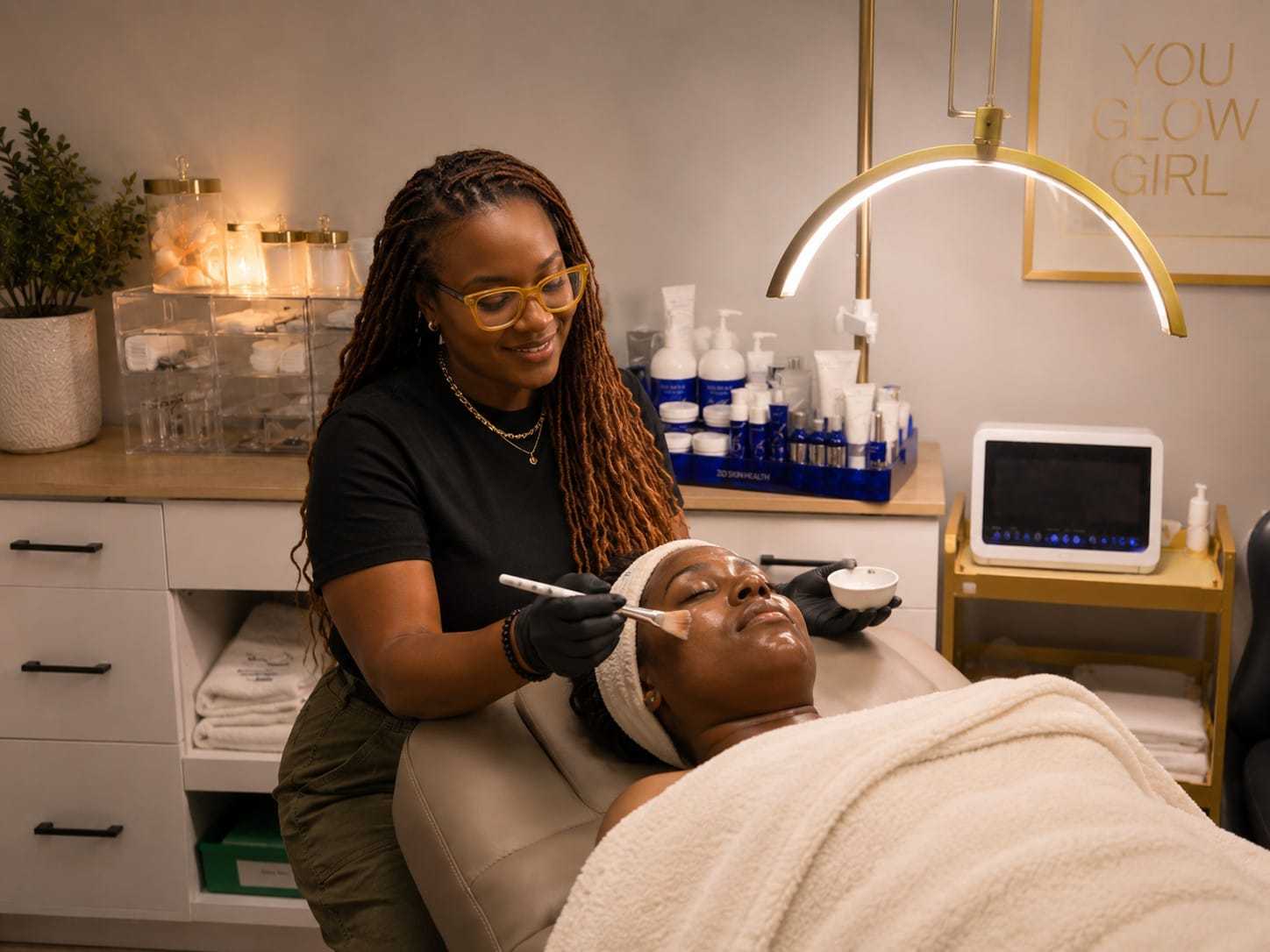 Skincare professional applying treatment to a relaxed client in a tranquil clinic setting.